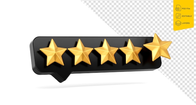 3d Five Golden Shiny Rating Stars Symbol With 3d Black Chat Icon On White Background 3d illustration