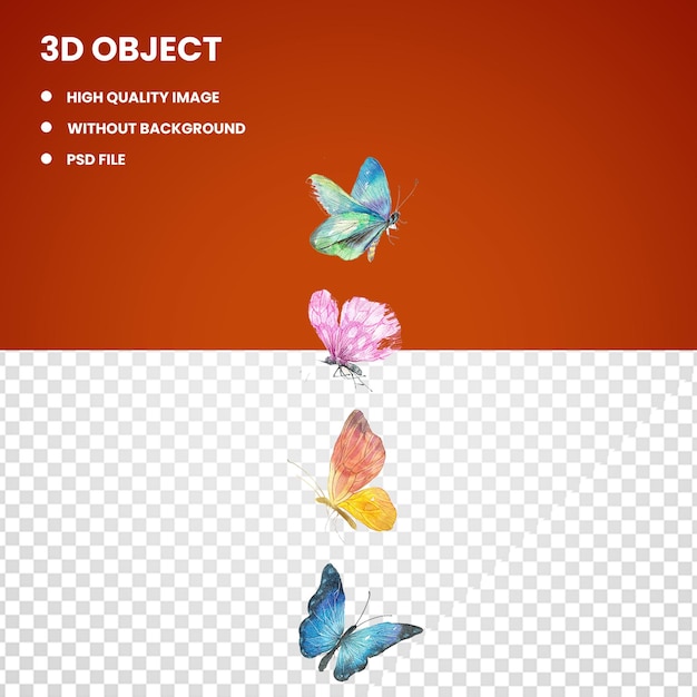 3D four assortedcolor butterflies