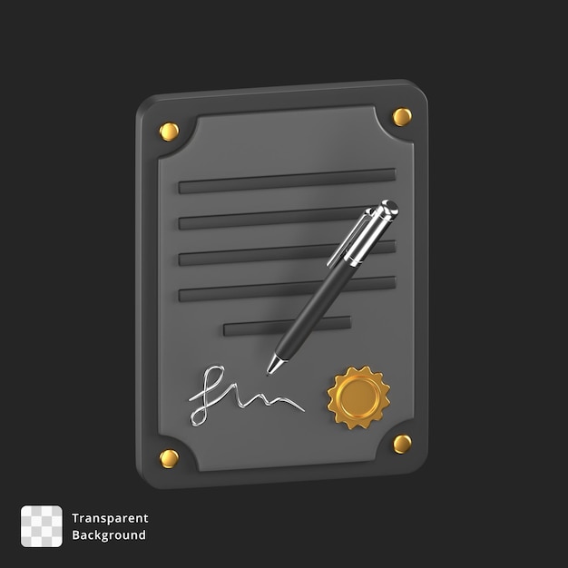 PSD 3d icon of a black contract paper with a silver pen and golden badge