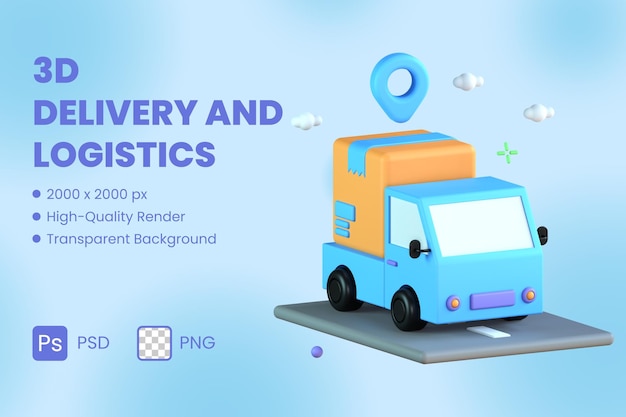 PSD 3d icon illustration in transit shipping truck