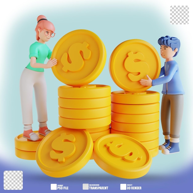 3D illustration character woman and man pile of dollar coins