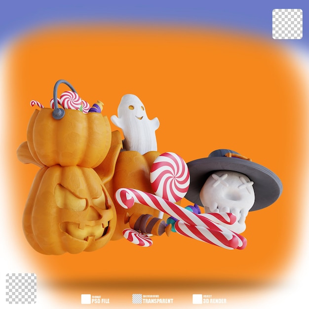 3d illustration cute ghost pumpkin candy and skull 2