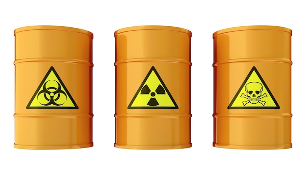 PSD 3d illustration of industrial barrels with toxic waste isolated on transparent background