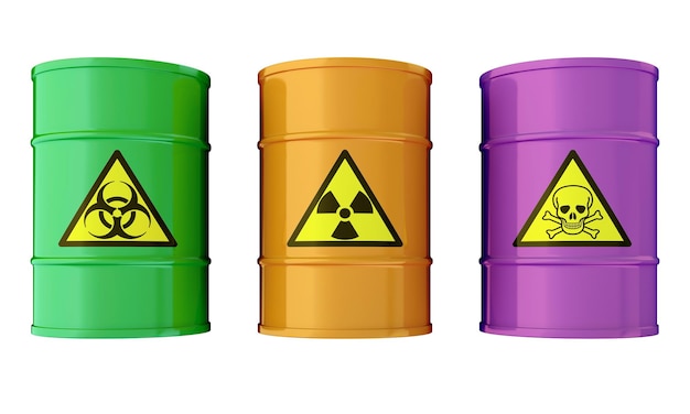 PSD 3d illustration of industrial barrels with toxic waste isolated on transparent background