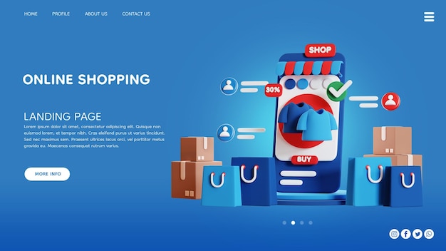 PSD 3d illustration of online shopping for landing page