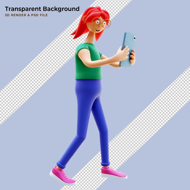 3D illustration of standing beautiful female holding tablet and pointing finger at direction. using social networking and office applications.