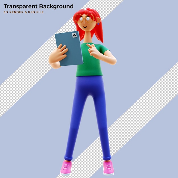 3D illustration of standing beautiful female holding tablet