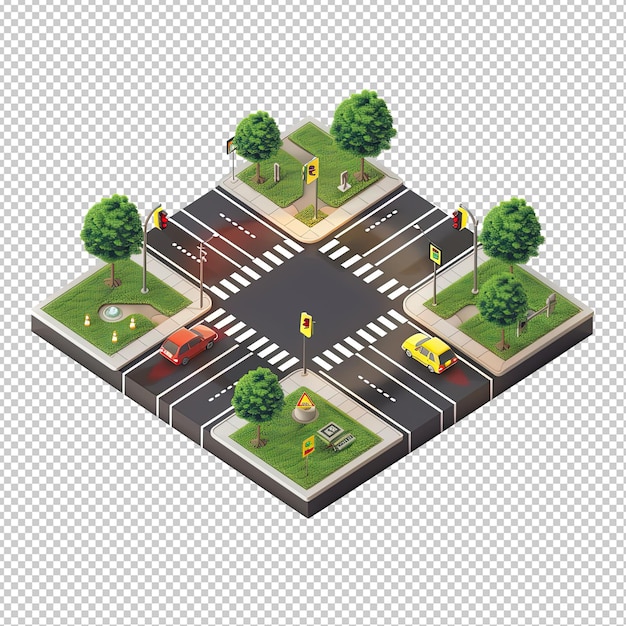 PSD 3d isometric crossroads with traffic lights on white background job id e1ea8851ae8247949e9a622273408f71