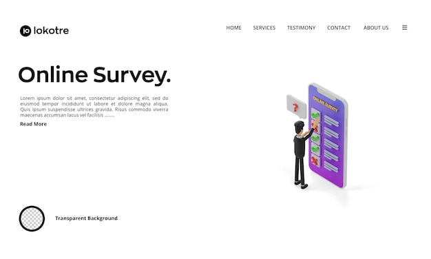 PSD 3d isometric online survey illustration men fill out online surveys via smartphone 3d rendering illustration