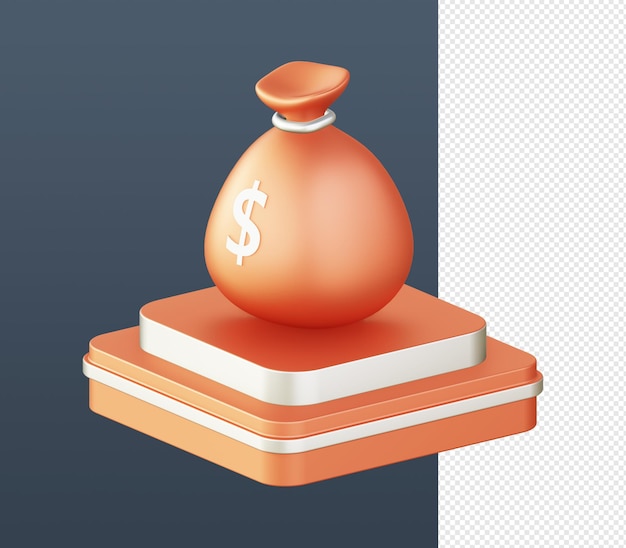 3d isometric of orange money bag with podium icon for UI UX web mobile apps social media ads