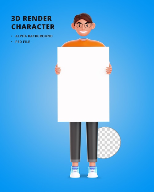 PSD 3d male character holding blank placard