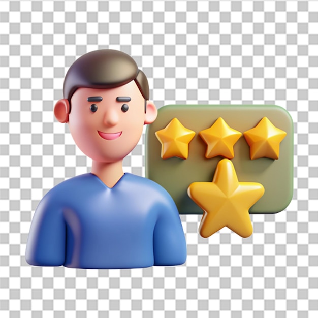 PSD 3d person with stars consumer or customer feedback score satisfaction level and criticism concept online feedback survey or review concept trendy and modern vector in 3d