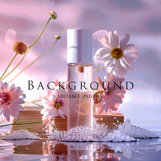 PSD 3d realistic white cosmetics product with pink flower