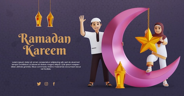 3d render 3d rendering boy and girl Welcome to the holy month of Ramadan full of blessings