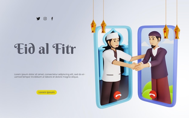 3d render 3d rendering Two Muslim man doing hand shake on eid al fitr via online smartphone