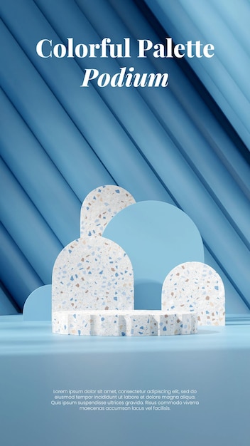 3D render afbeelding lege scène wit en blauw terrazzo podium in portret boog gestructureerde achtergrond