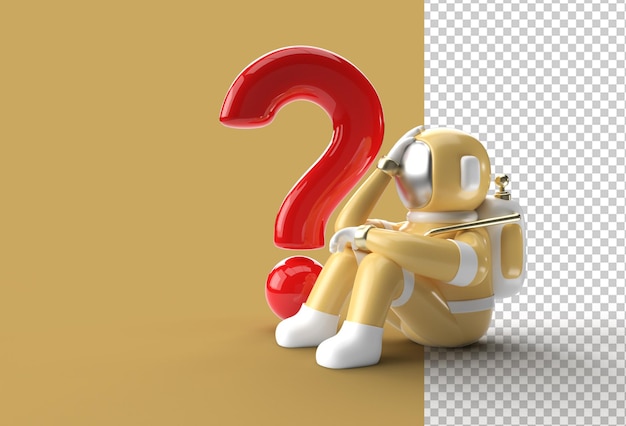 PSD 3d render astronaut with question mark think, disappointment, tired caucasian gesture's 