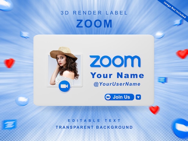 PSD 3d render banner icon profile on zoom join me label isolated