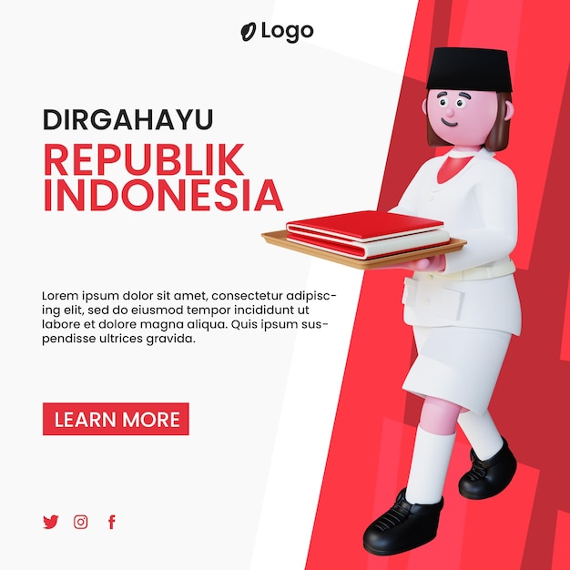 3d render character celebrating indonesia independence day template