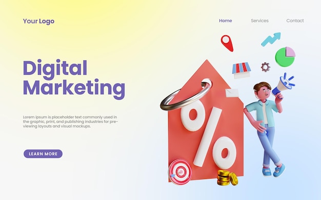 3d render character holding megaphone and big discount doing digital marketing concept