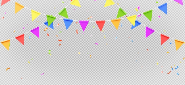 PSD 3d render of colorful flag garland with confetti flying