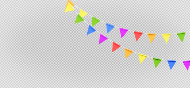 PSD 3d render of colorful flag garland with confetti flying