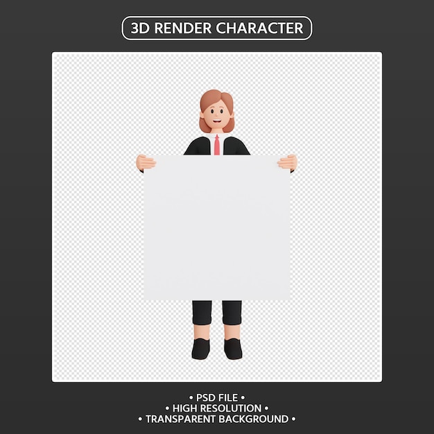 PSD 3d render female character holding blank placard