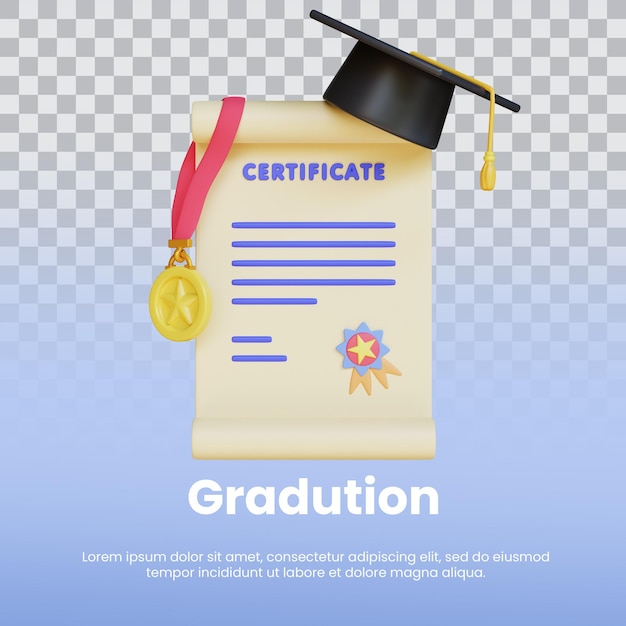 3d render graduate certificate with medal