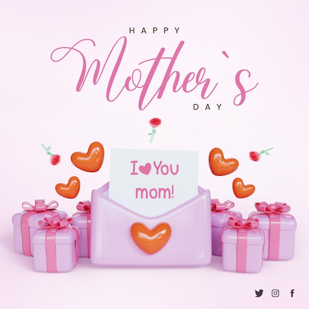 3d render greeting happy mother's day with love pink envelope and gift present