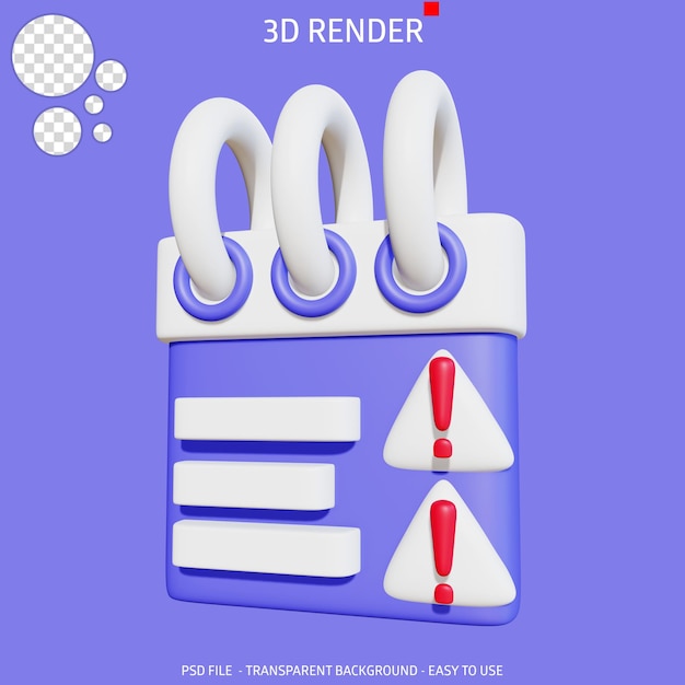 3d render icon calendar warning 4