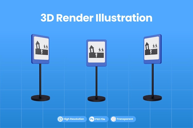 PSD 3d render illustration traffic signs of earthquake evacuation route