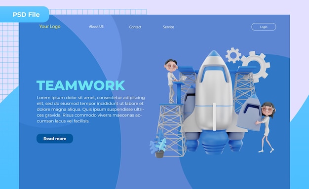 PSD 3d render landing page teamwork illustration