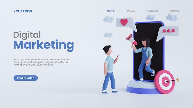 3d render man woman holding megaphone online digital marketing concept landing page psd template