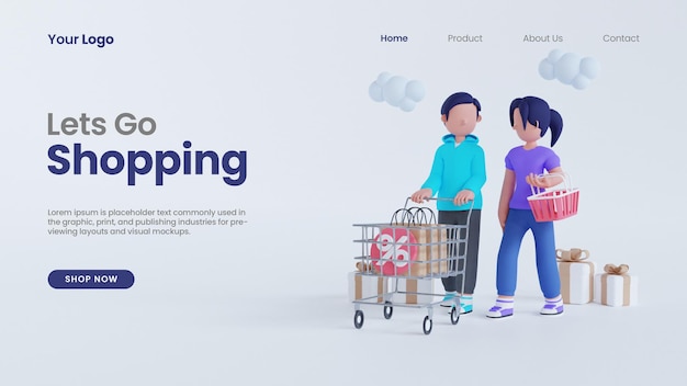 3d render man and woman lets go online shopping with cart concept landing page psd template