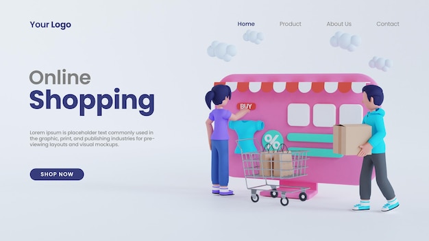 3d render man and woman online shopping with computer screen concept landing page psd template