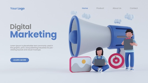 3d render man and woman with megaphone online digital marketing concept landing page psd template