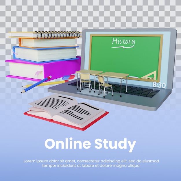 3d render Online education with laptop