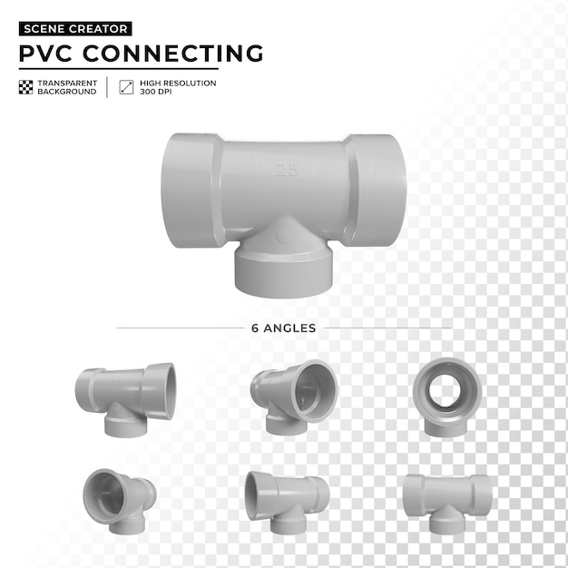 3d render of PVC plastic connection in different angles to create a scene