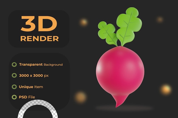 3d render radish object with transparent background