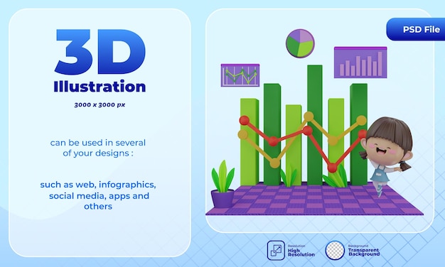 PSD 3d render schattig karakter met bedrijfsanalyses