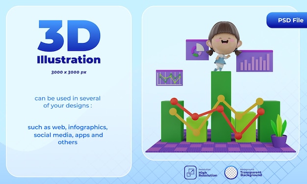 PSD 3d render schattig karakter met bedrijfsanalyses
