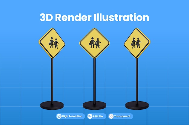 PSD 3d render traffic signs of yellow triangle warning sign symbol area in the school zone traffic