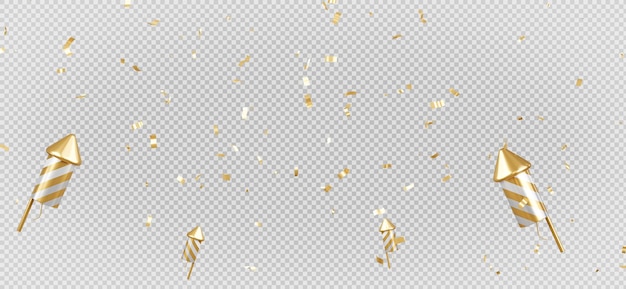 PSD 3d render van gouden confetti met raketvuurwerk vliegend