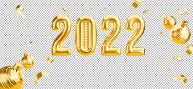 PSD 3d render van happy new year 2022 gouden ballonnen decoratie met kerstbal, gouden confetti