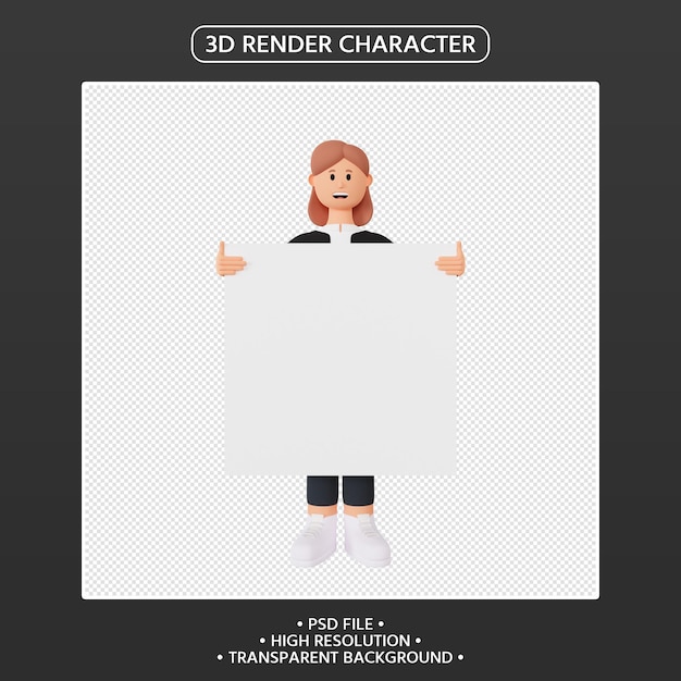 PSD 3d render of woman cartoon character holding blank placard