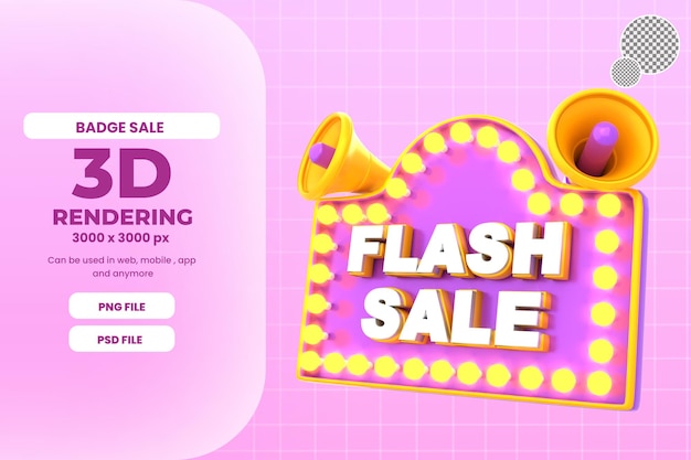 PSD 3d rendering badge flash sale with lamp and megaphone icon