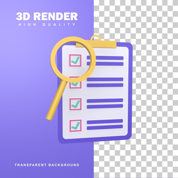 PSD 3d rendering checklist concept with a magnifying glass.