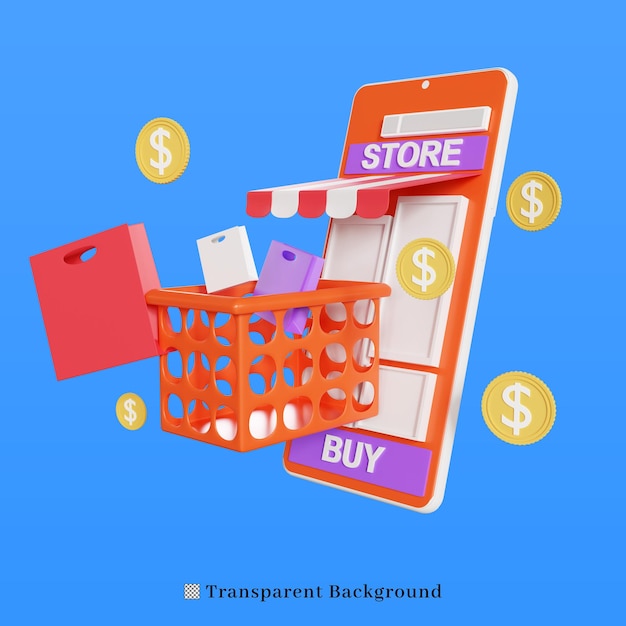 PSD 3d rendering icon online shopping using mobile phone