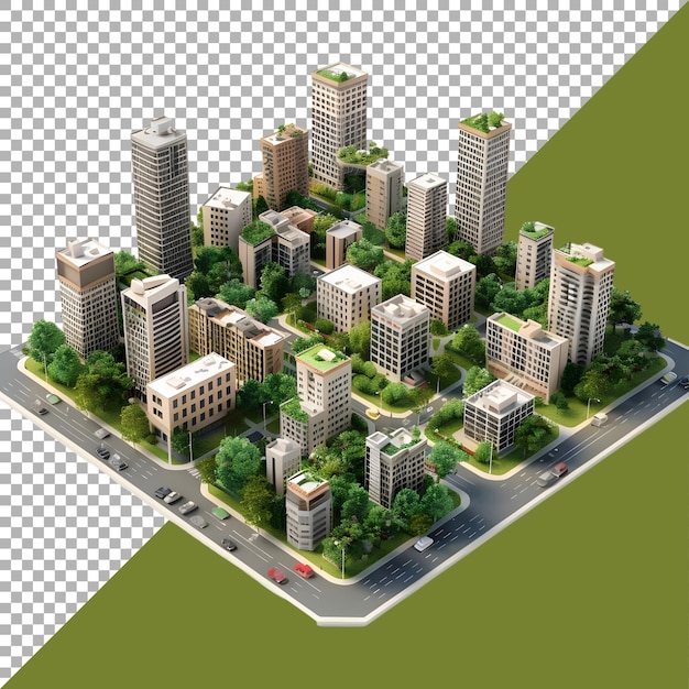 PSD 3d rendering of a isometric modern city on transparent background ai generated