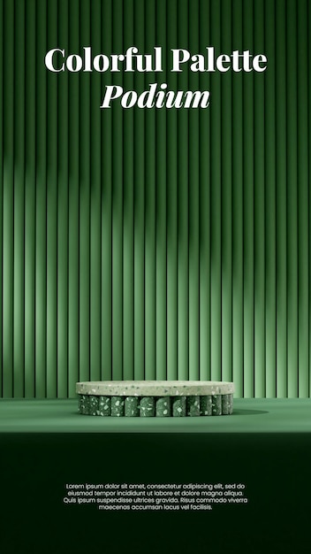 3D-rendering leeg mockup groen terrazzo getextureerd podium in portret gearrangeerde groene cilinderwand